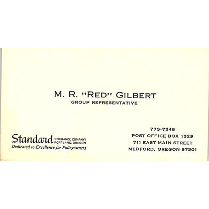 M.R. Red Gilbert Standard Ins Co Medford OR Vintage Business Card SD9-B8