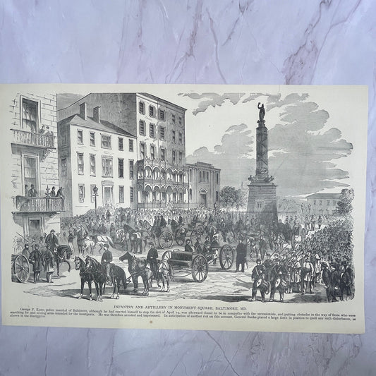 N.G.S.N.Y. 7th Regiment Leaving NY, Monument Square MD 1890s Engraving V14-6