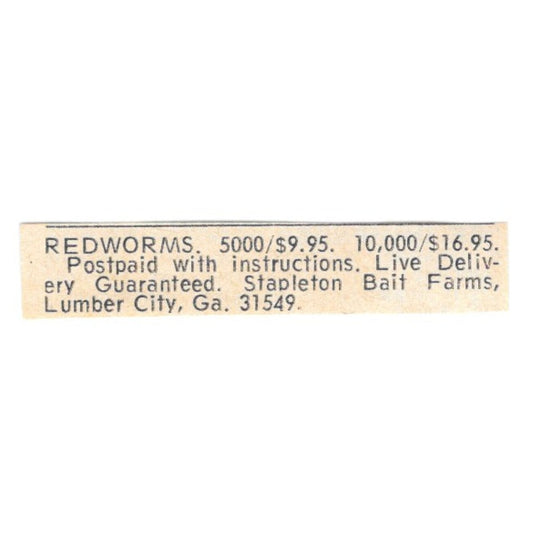 Stapleton Bait Farms Redworms Lumber City GA 1977 Ad AF6-S5