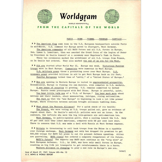 Worldgram World Newspoints from the Capitals of the World 1967 Article AG1-15