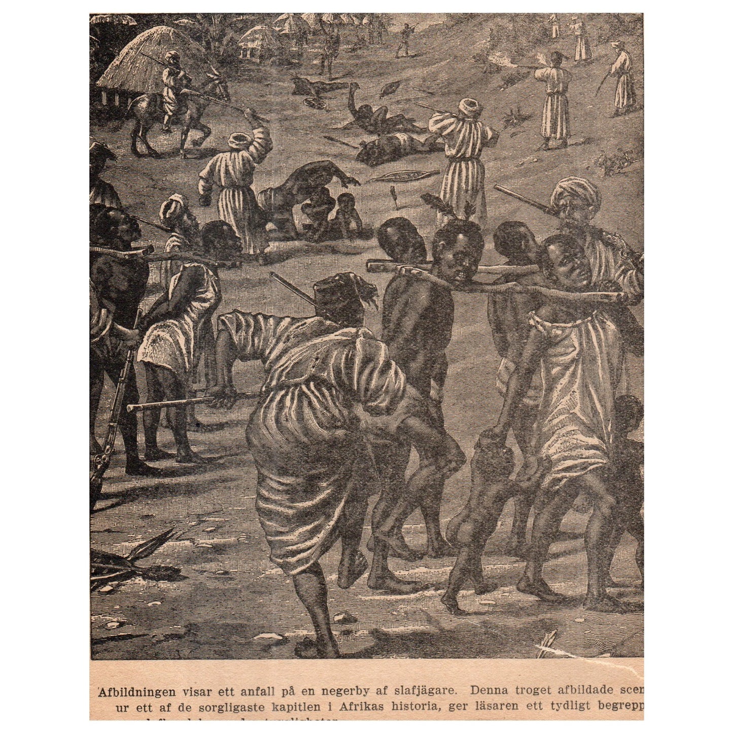 Attack on an African Village 1909 Swedish Engraving Print AF5-15