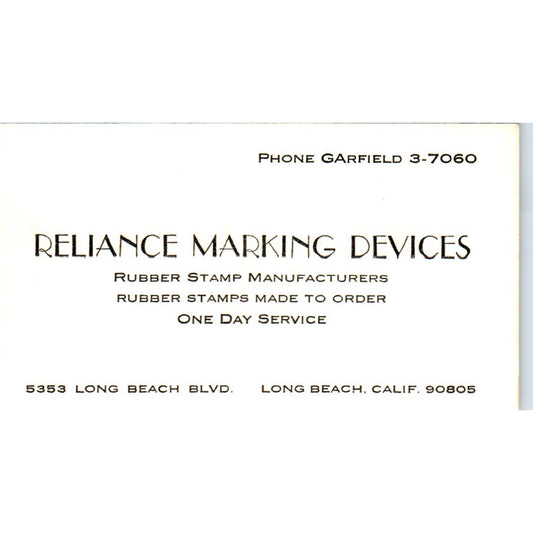 1964 Reliance Marking Devices Long Beach CA Vintage Business Card SE3-B5