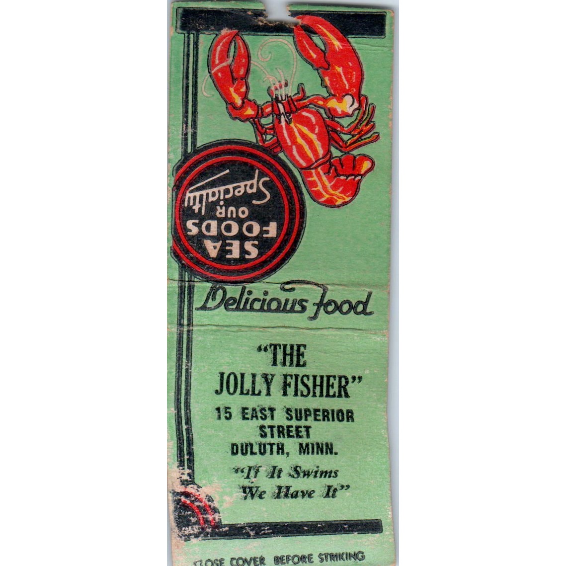 The Jolly Fisher Seafood Duluth MN Vintage Matchbook Cover SD4-Y3