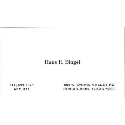 Hans R. Bingel Richardson Texas Vintage Business Card SD8-B16