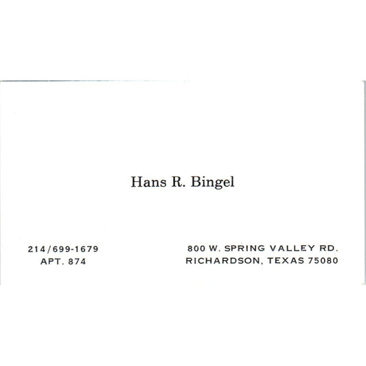 Hans R. Bingel Richardson Texas Vintage Business Card SD8-B16