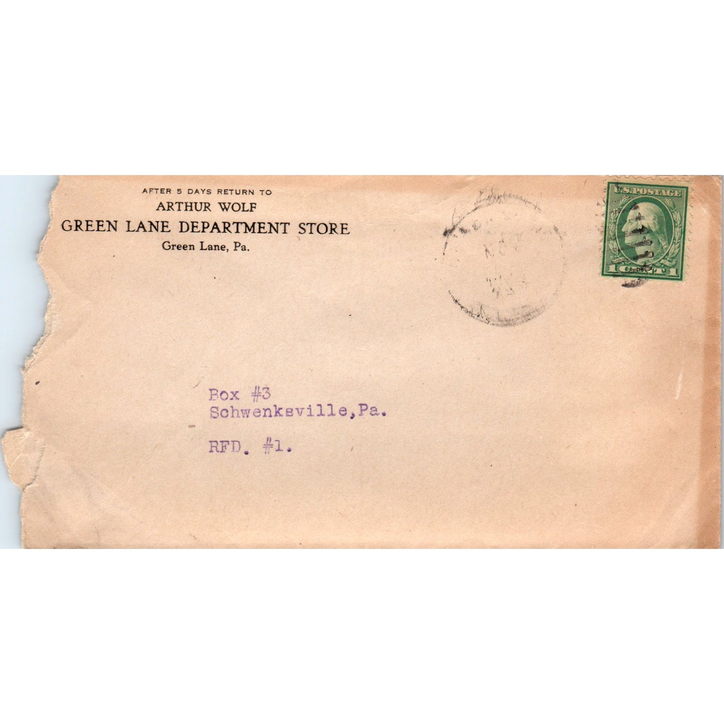 Arthur Wolf Green Lane Dept Store PA to Schwenksville Postal Cover TG7-PC3