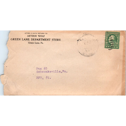 Arthur Wolf Green Lane Dept Store PA to Schwenksville Postal Cover TG7-PC3