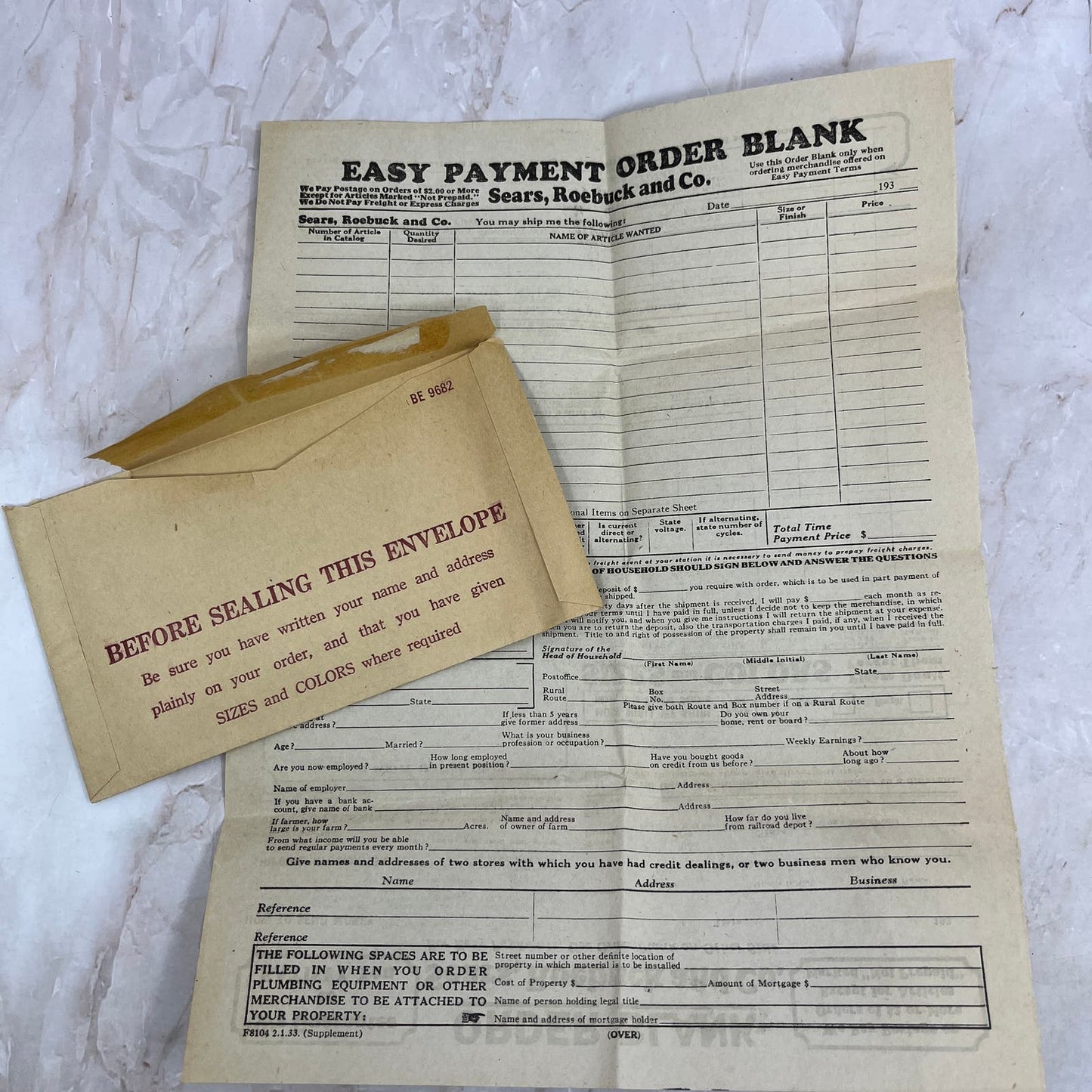 1933 Sears, Roebuck & Co. Order Blank & Envelope Back Bay Station Boston MA AE6