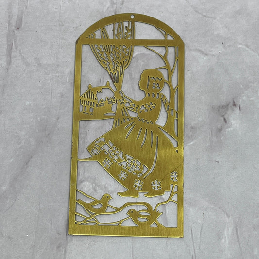 1977 Kristin Co Brass Prairie Girl with Birds Christmas Ornament Bookmark SB7