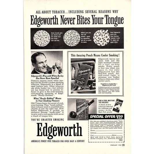 Edgeworth - America's Finest Pipe Tobacco Richmond VA 1955 Ad AG1-6