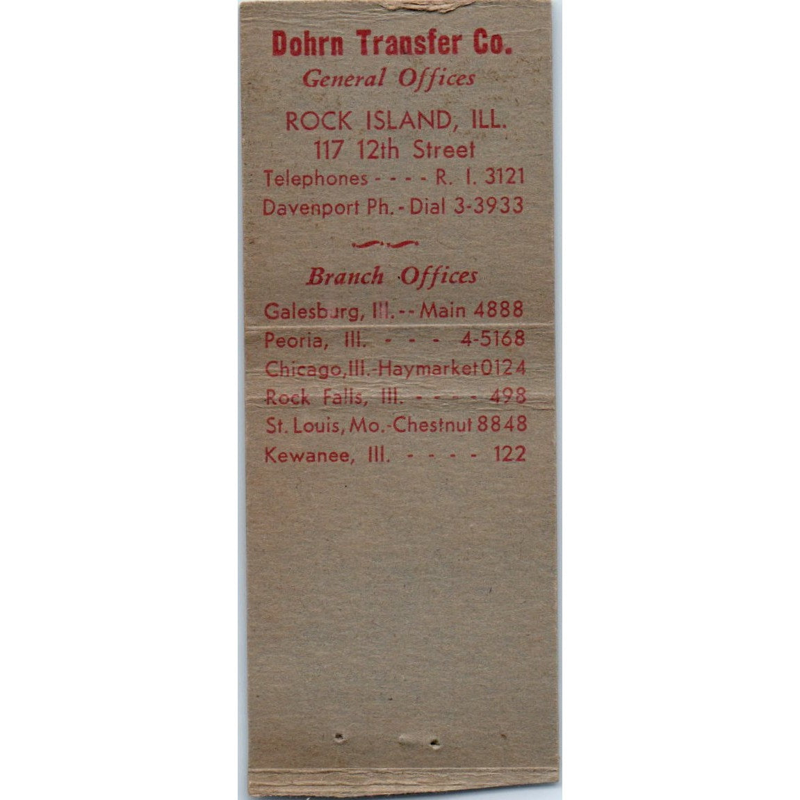 Dohrn Transfer Co Rock Island IL Vintage Matchbook Cover SD4-Y16