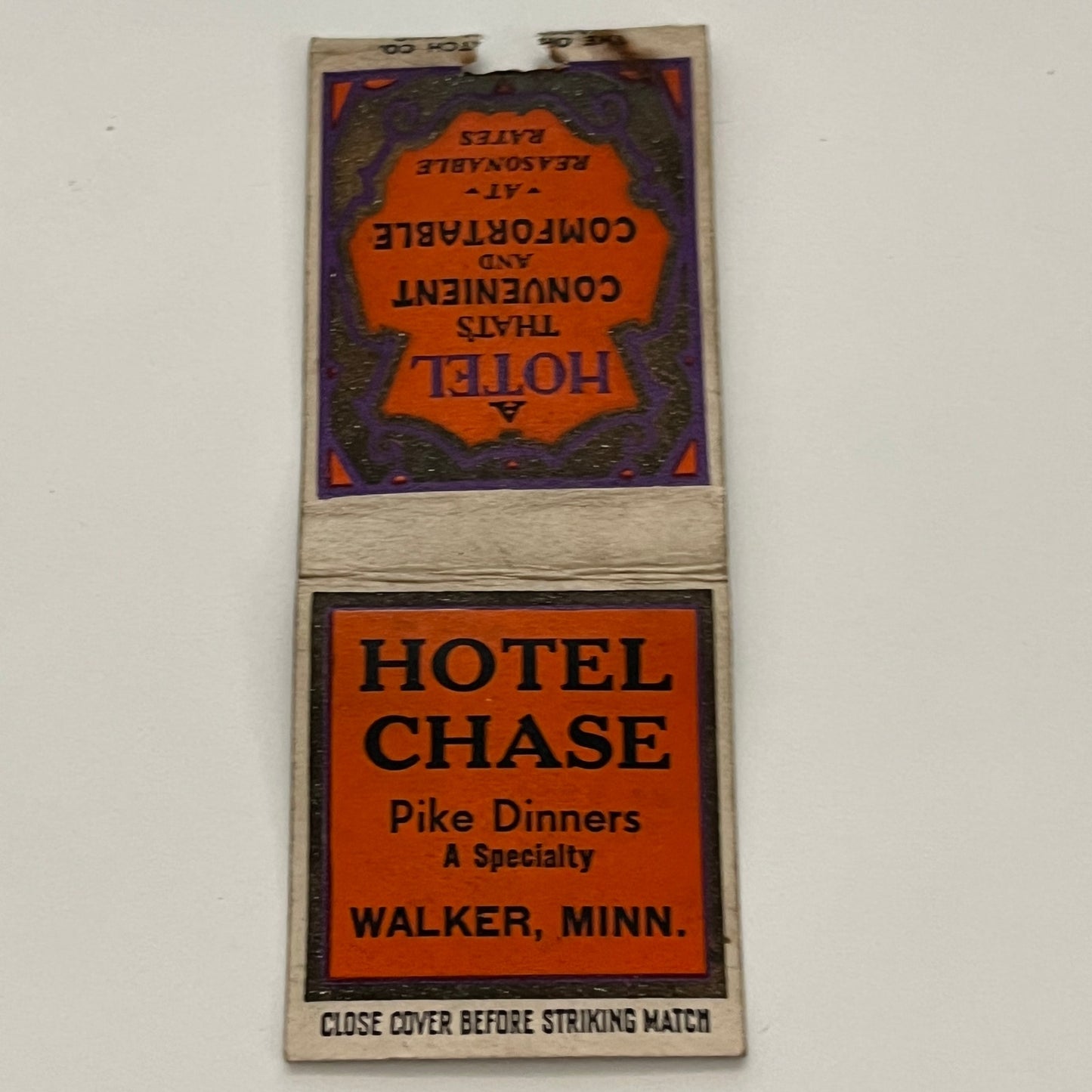 Hotel Chase Pike Dinners Walker MN Vintage Matchbook MB59-1