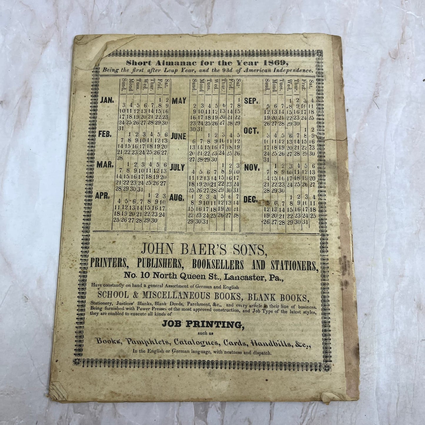 1869 Agricultural Almanac Lancaster PA John Baer’s Sons TF5