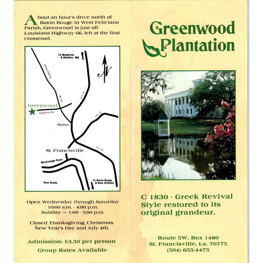 Vintage Greenwood Plantation St. Francisville LA Travel Brochure TF4-B2