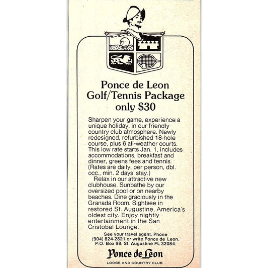 Ponce de Leon Golf/Tennis Resort St. Augustine FL 1977 Ad AF3-Q1