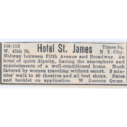 Hotel St. James Times Square NY W. Johnson Quinn 1924 Magazine Ad AD8-O4