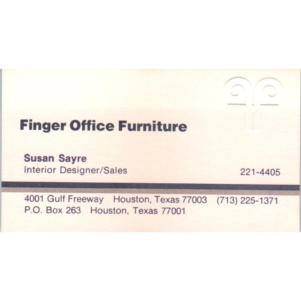 Susan Sayre Finger Office Furniture Houston Vintage Business Card SD8-B20