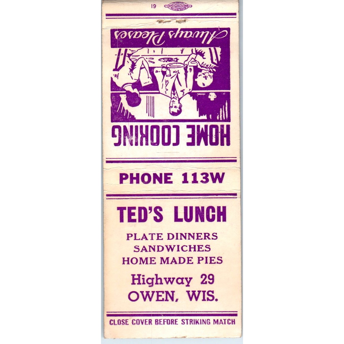 Ted's Lunch Highway 29 Owen Wisconsin Vintage Matchbook Cover SD4-Y10