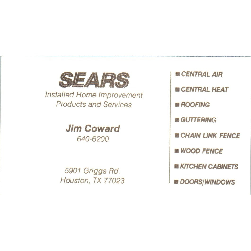 Sears Installers Jim Coward Houston TX Vintage Business Card SD8-B14