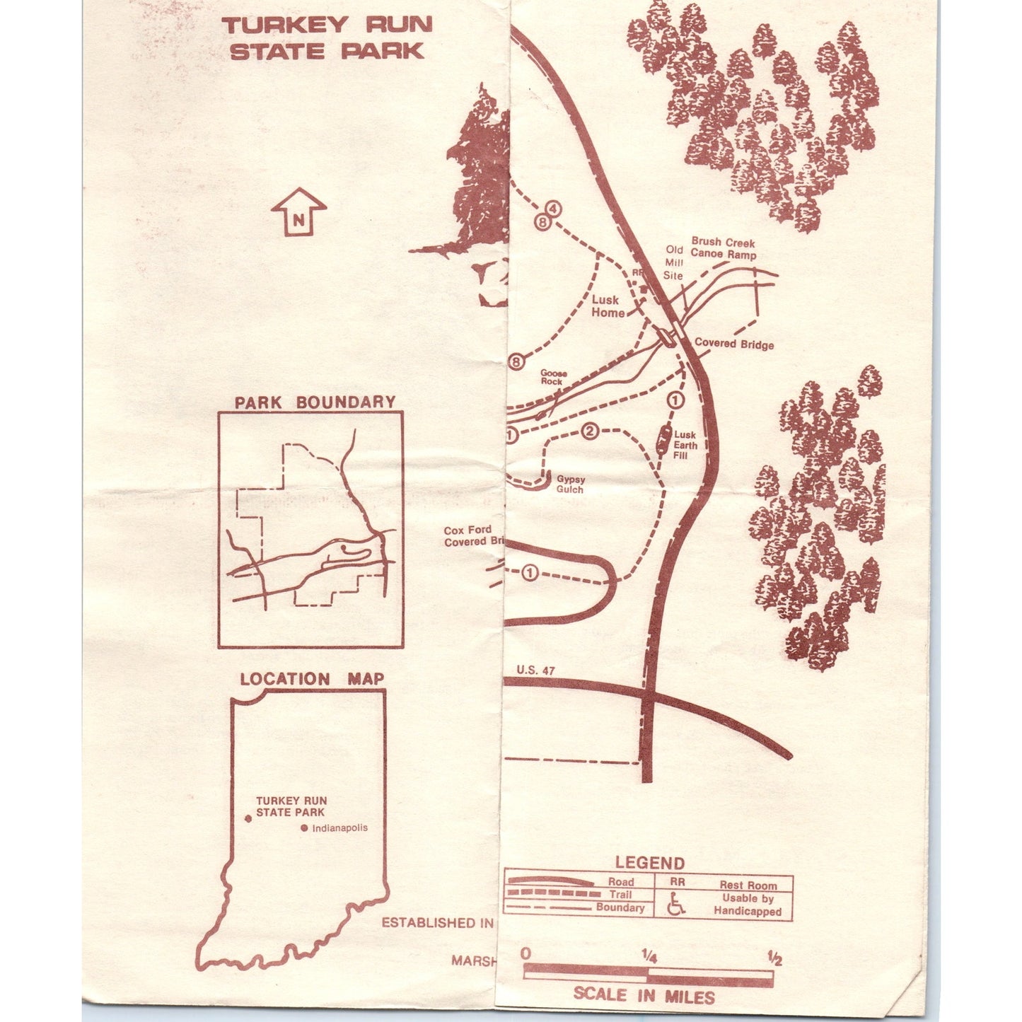 Vintage Turkey Run State Park Marshall IN Map & Fold Out Travel Brochure TF4-B1