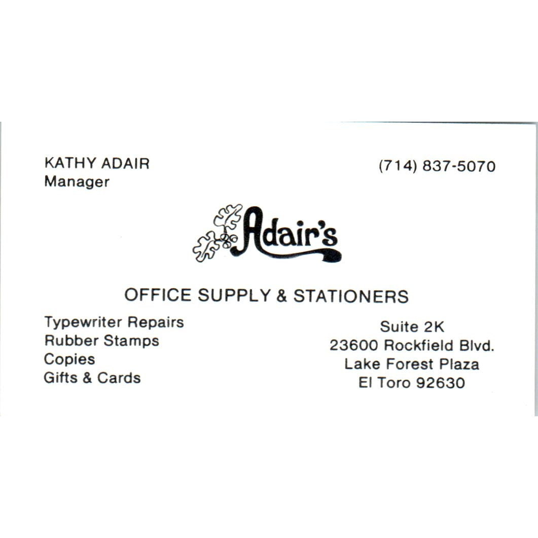 Kathy Adair Office Supply & Stationers El Toro Vintage Business Card SE3-B5