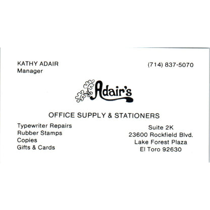 Kathy Adair Office Supply & Stationers El Toro Vintage Business Card SE3-B5