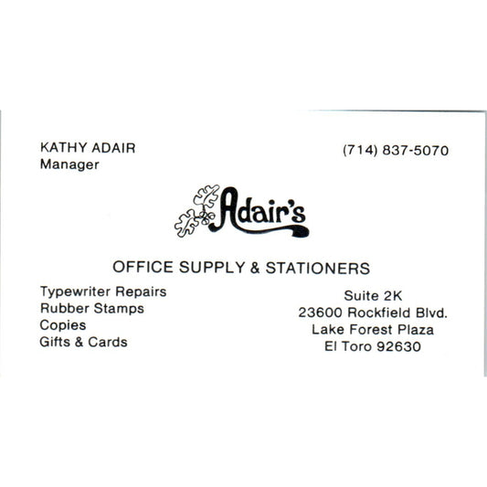 Kathy Adair Office Supply & Stationers El Toro Vintage Business Card SE3-B5