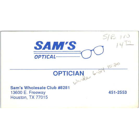 Sam's Club #8281 Optical Optician Houston Vintage Business Card SD8-B18