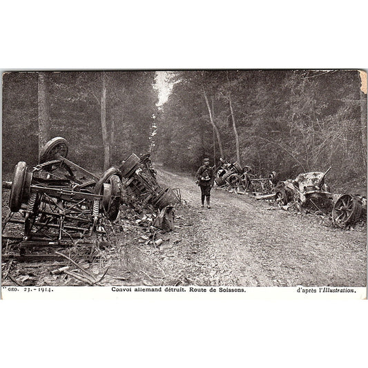 1914 WWI Convoi Allemand Deruit Route De Soissons French Antique Postcard PE12