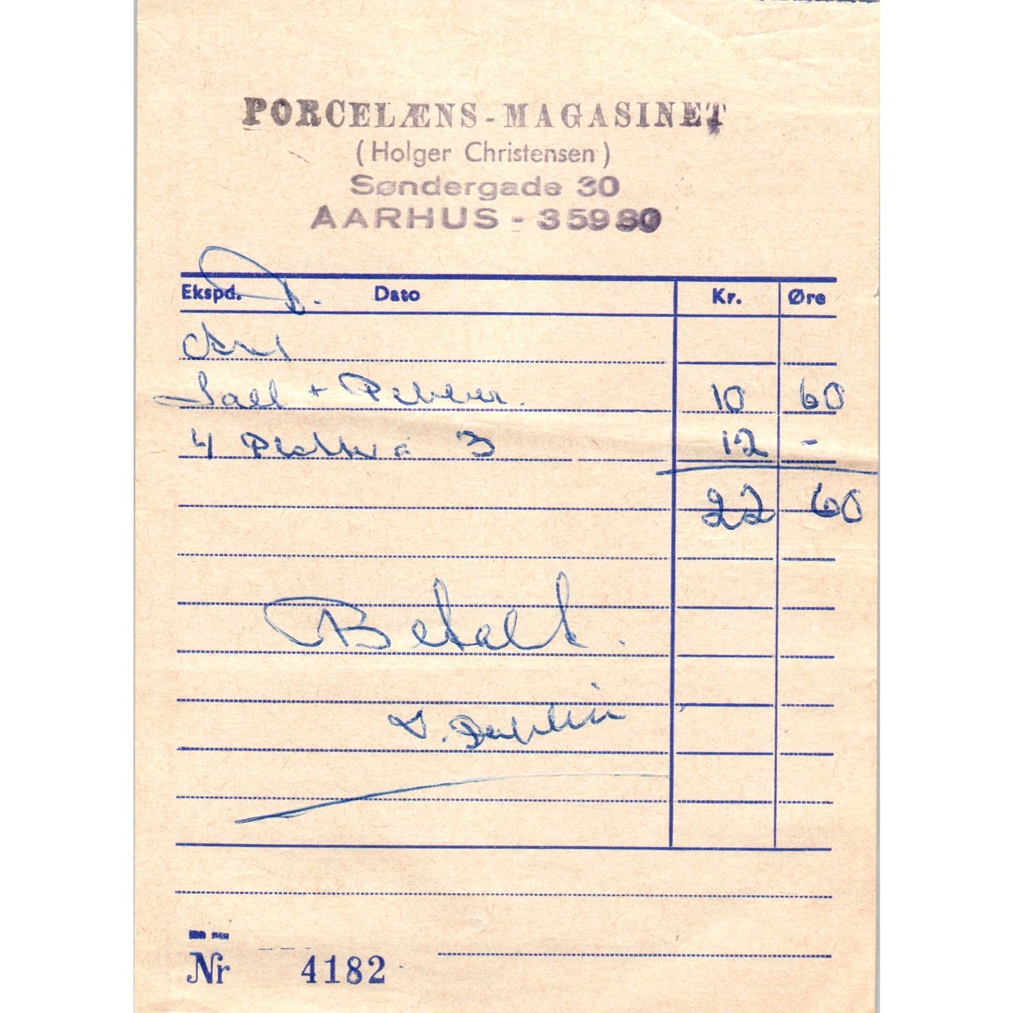 1960s Porcelaens-Magasinet Holger Christiansen Sandergarde Århus Receipt AF7-E10