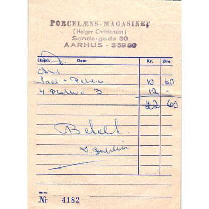 1960s Porcelaens-Magasinet Holger Christiansen Sandergarde Århus Receipt AF7-E10