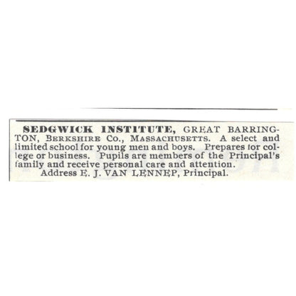 Sedgwick Institute Great Barrington MA E.J. Van Lennep 1892 Ad AG2-S24