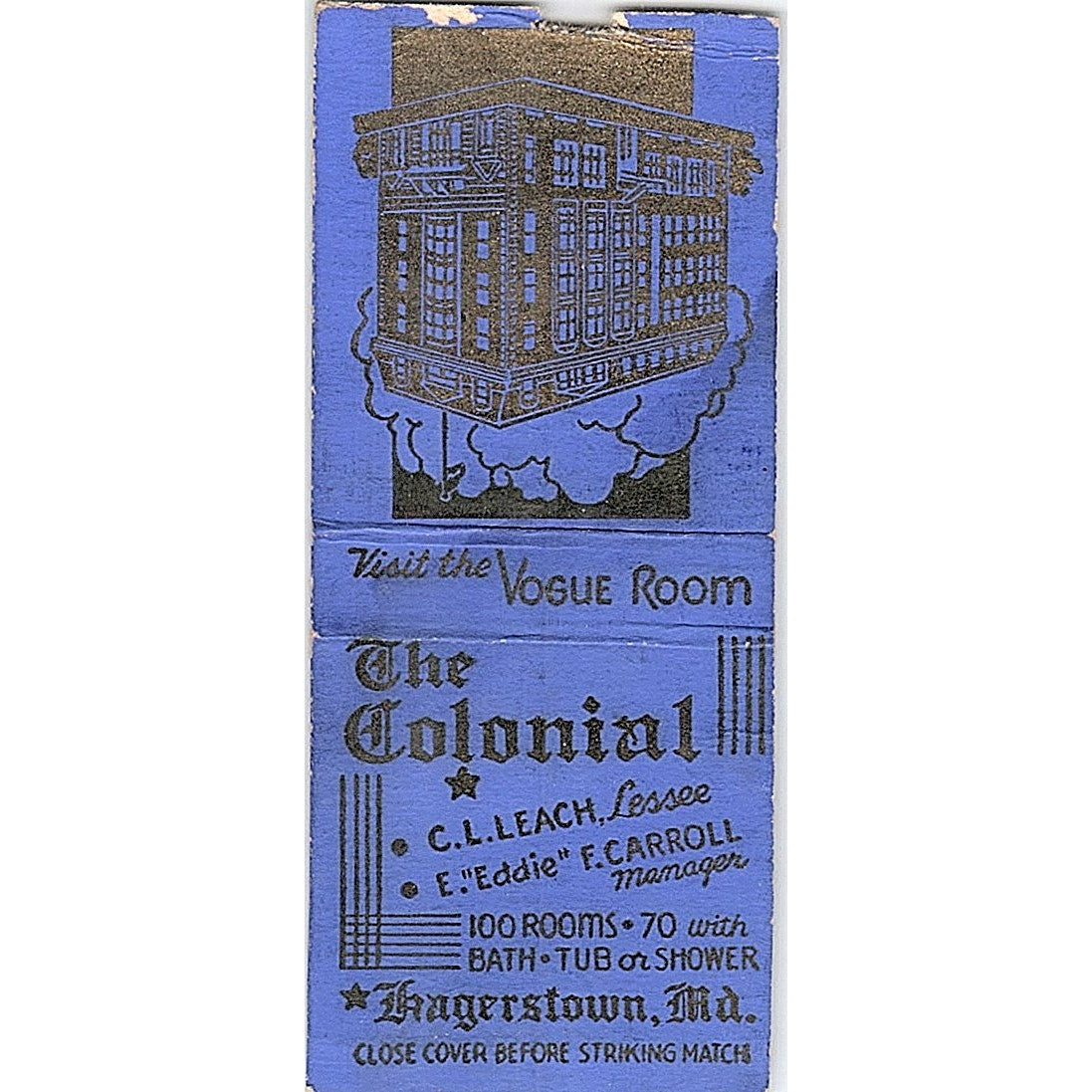 The Colonial Hotel Vogue Room E. F. Carroll Hagerstown MD Matchbook Cover SF3-Y3