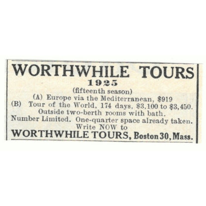 Worthwhile Tours European Travel Boston MA 1924 Magazine Ad AD8-O4