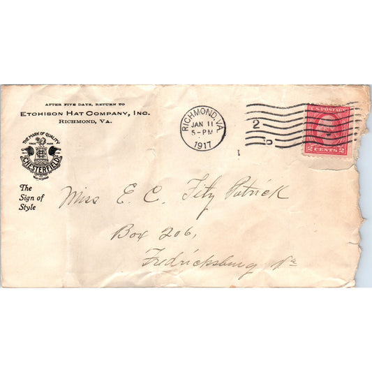1917 Etchison Hat Company Richmond VA Postal Cover Envelope TG7-PC1