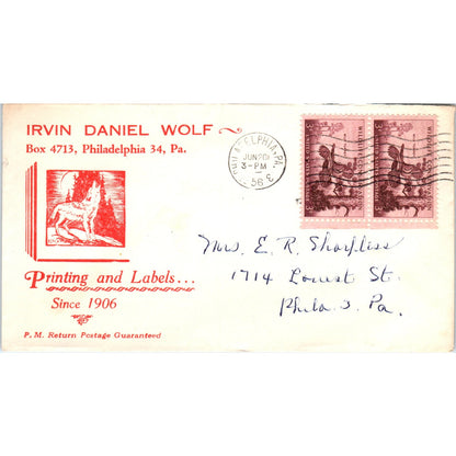 1956 Irvin Daniel Wolf Printing Philadelphia Postal Cover Envelope TG7-PC3