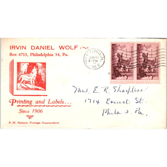 1956 Irvin Daniel Wolf Printing Philadelphia Postal Cover Envelope TG7-PC3