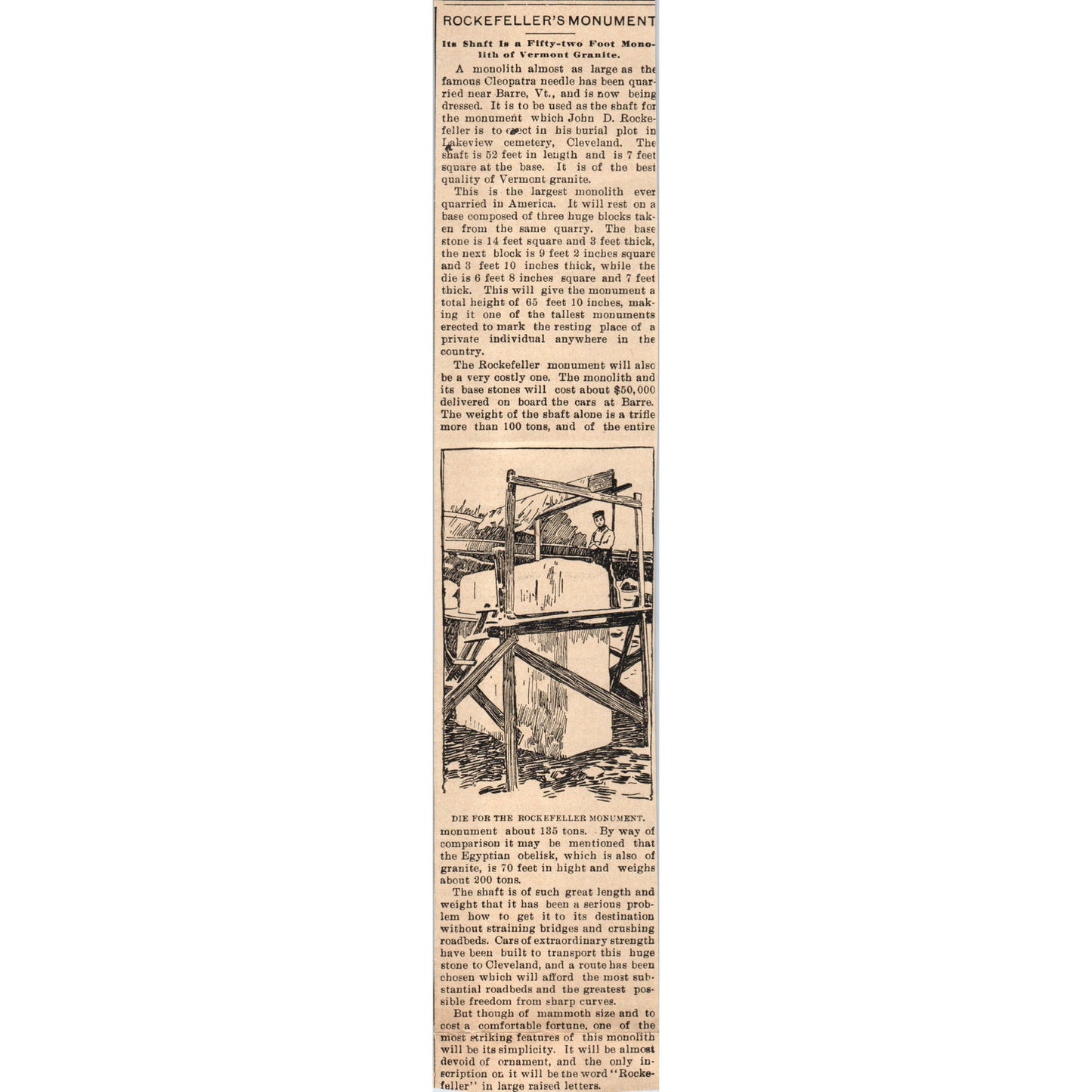 Rockefeller's Monument Milwaukee 1898 Newspaper Clip AF7-E12