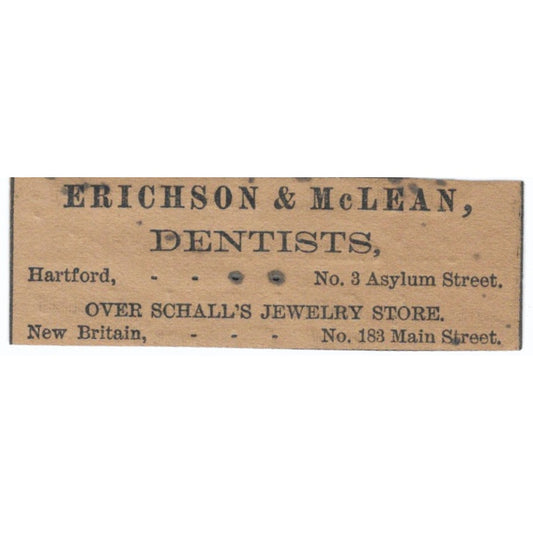 Erichson & McLean Dentists Asylum Street Hartford 1886 Newspaper Ad AF7-SS7