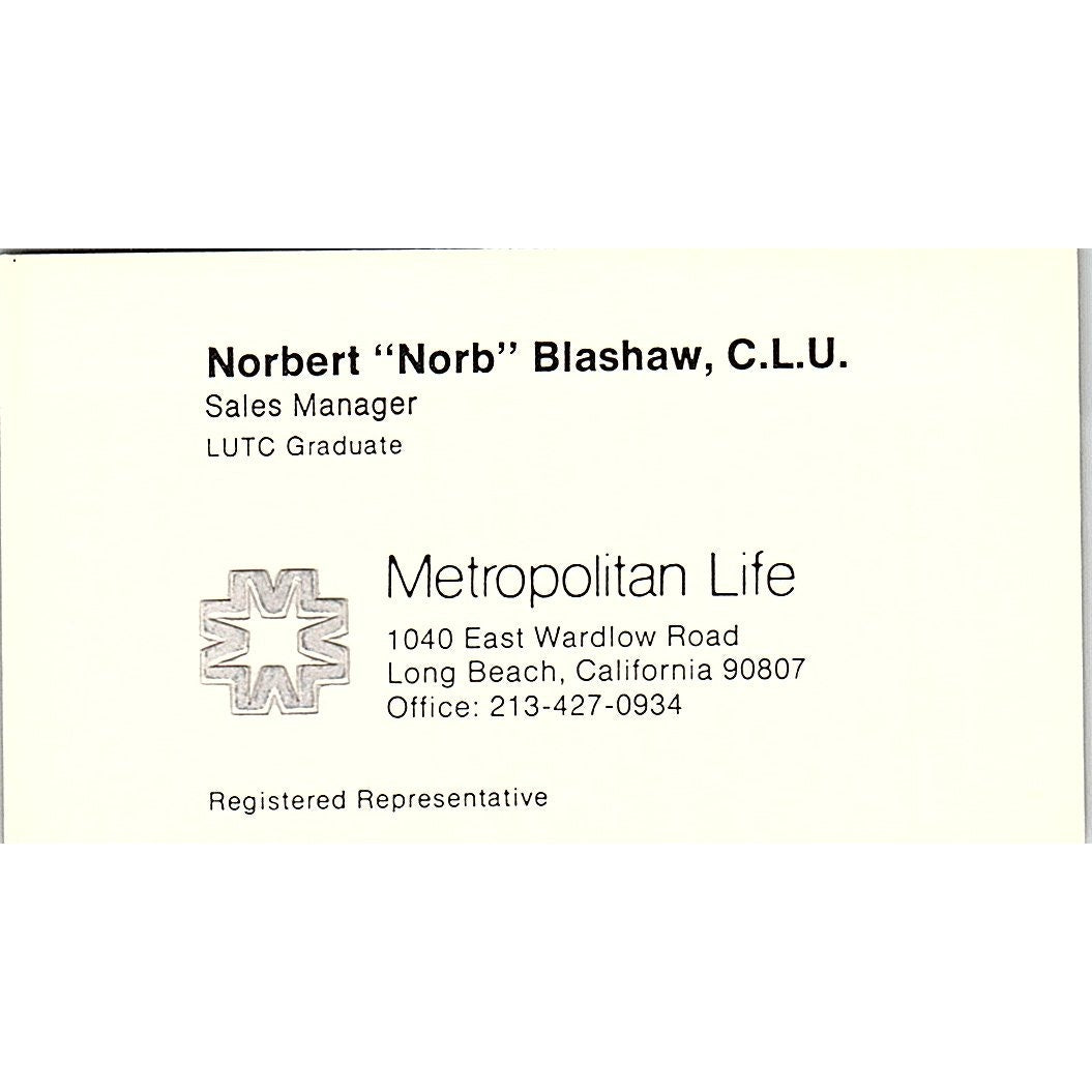 Norbert Blashaw CLU Metropolitan Life Long Beach Vintage Business Card SD9-B11
