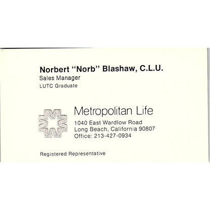 Norbert Blashaw CLU Metropolitan Life Long Beach Vintage Business Card SD9-B11