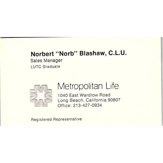 Norbert Blashaw CLU Metropolitan Life Long Beach Vintage Business Card SD9-B11