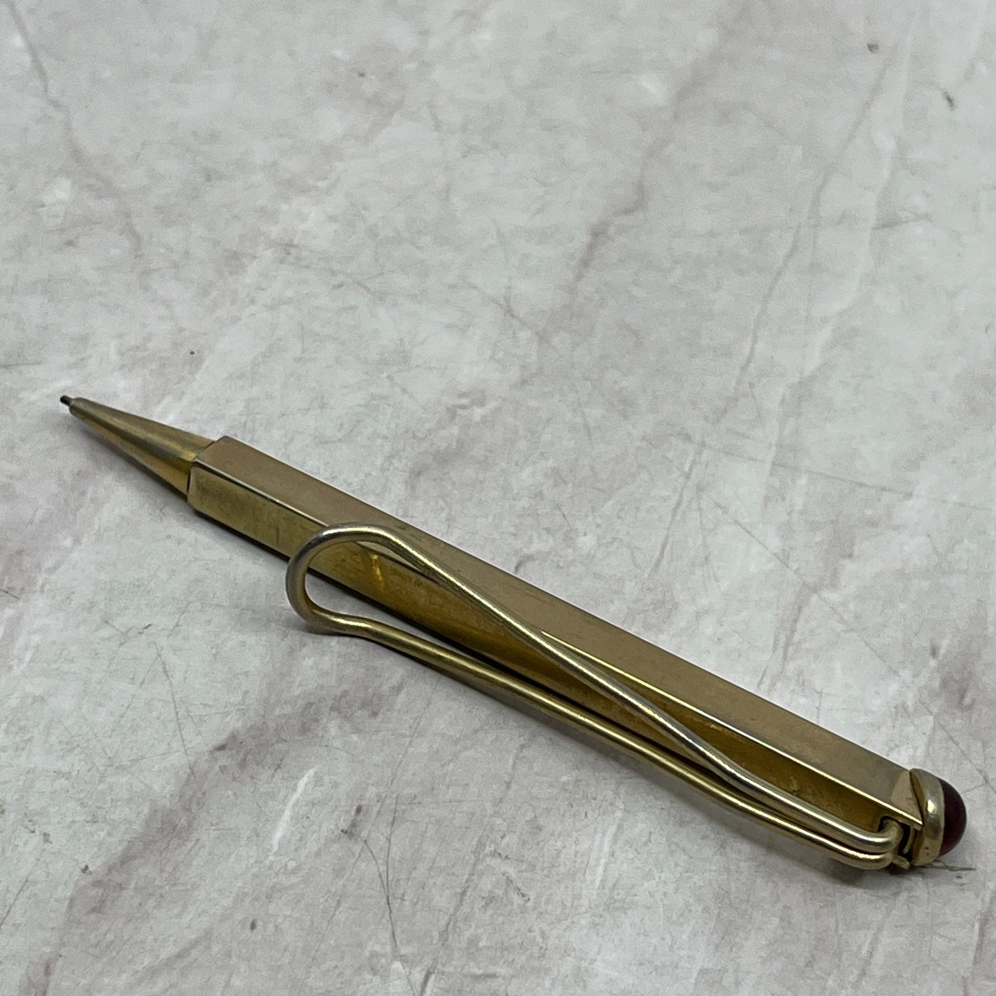 Vintage Anson Brass Tie Bar Mechanical Pocket Pencil Simulated Red Gemstone SE5