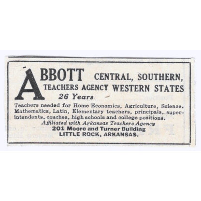 1931 Abbott Teachers Agency Little Rock Original Magazine Advertisement AE5-SA2