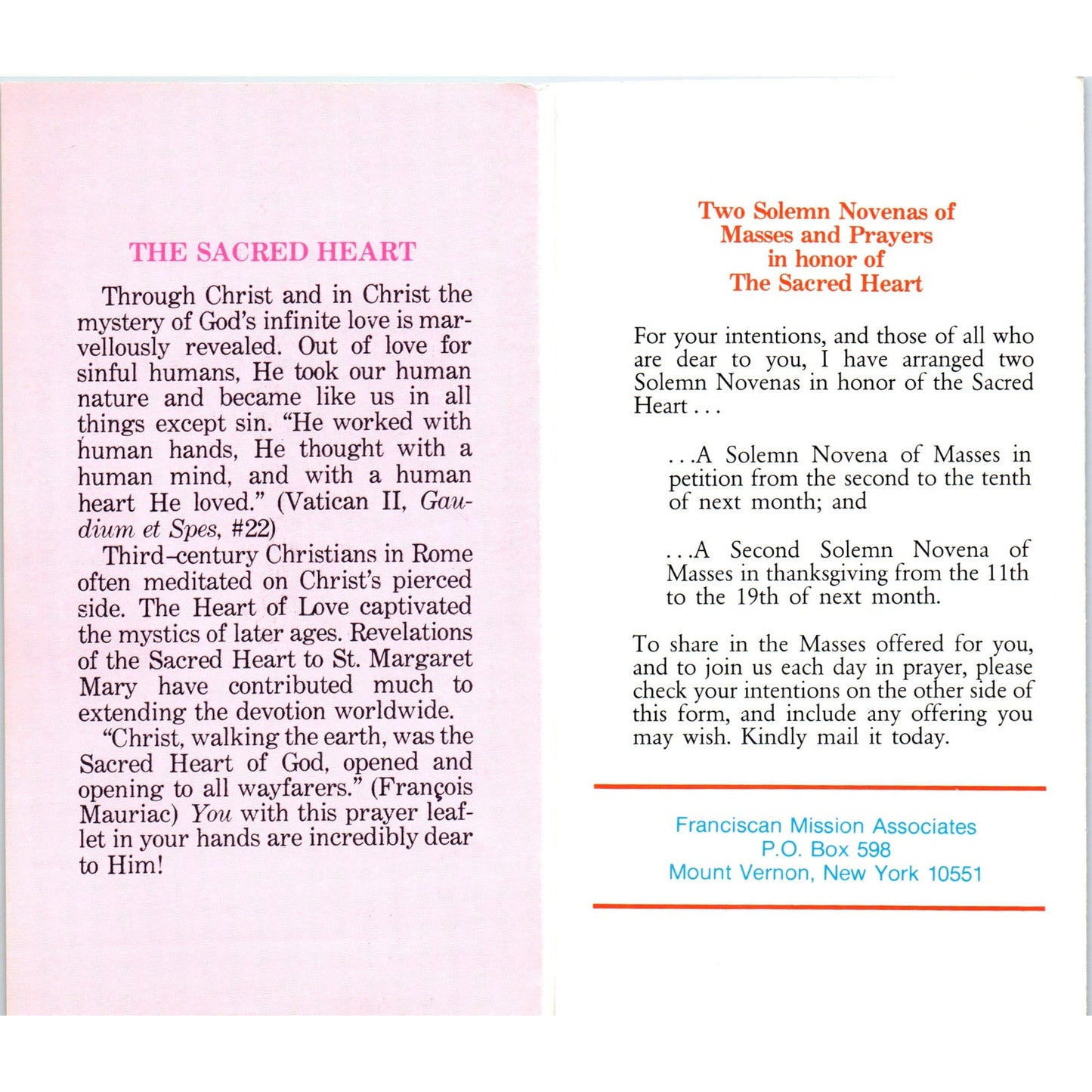 Prayers to Sacred Heart Franciscan Mission Associates Vintage Leaflet TH2-PC2