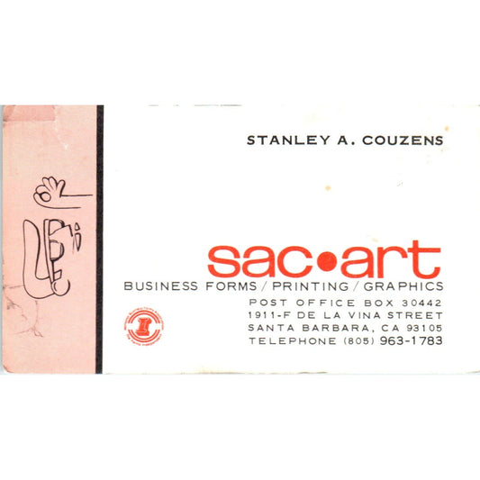 Sac Art Stanley A. Couzens Santa Barbara CA Vintage Business Card SD4-B3