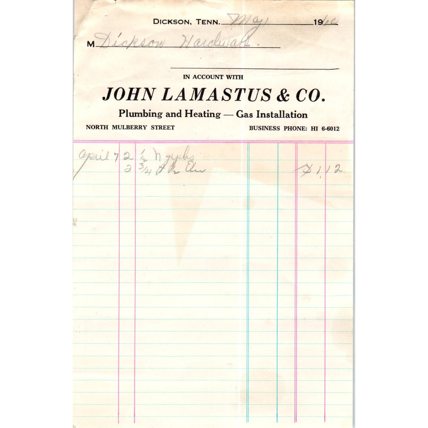 John Lamastus & Co Plumbing and Heating Dickson TN 1960 Billhead Letterhead AE8