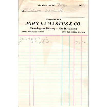 John Lamastus & Co Plumbing and Heating Dickson TN 1960 Billhead Letterhead AE8