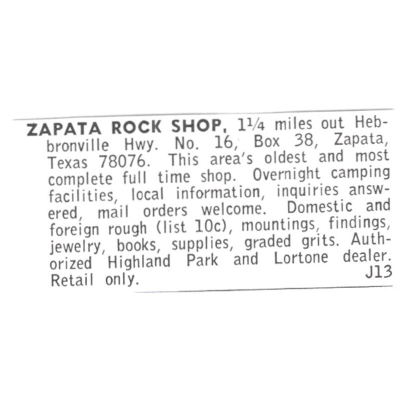 Zapata Rock Shop - Zapata Texas 1972 Ad AF8-S13