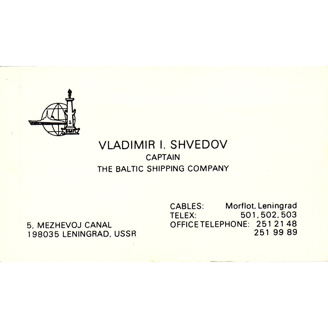 Vladimir I Shvedov Balting Shipping Co Leningrad USSR Vtg Business Card SC9-B3
